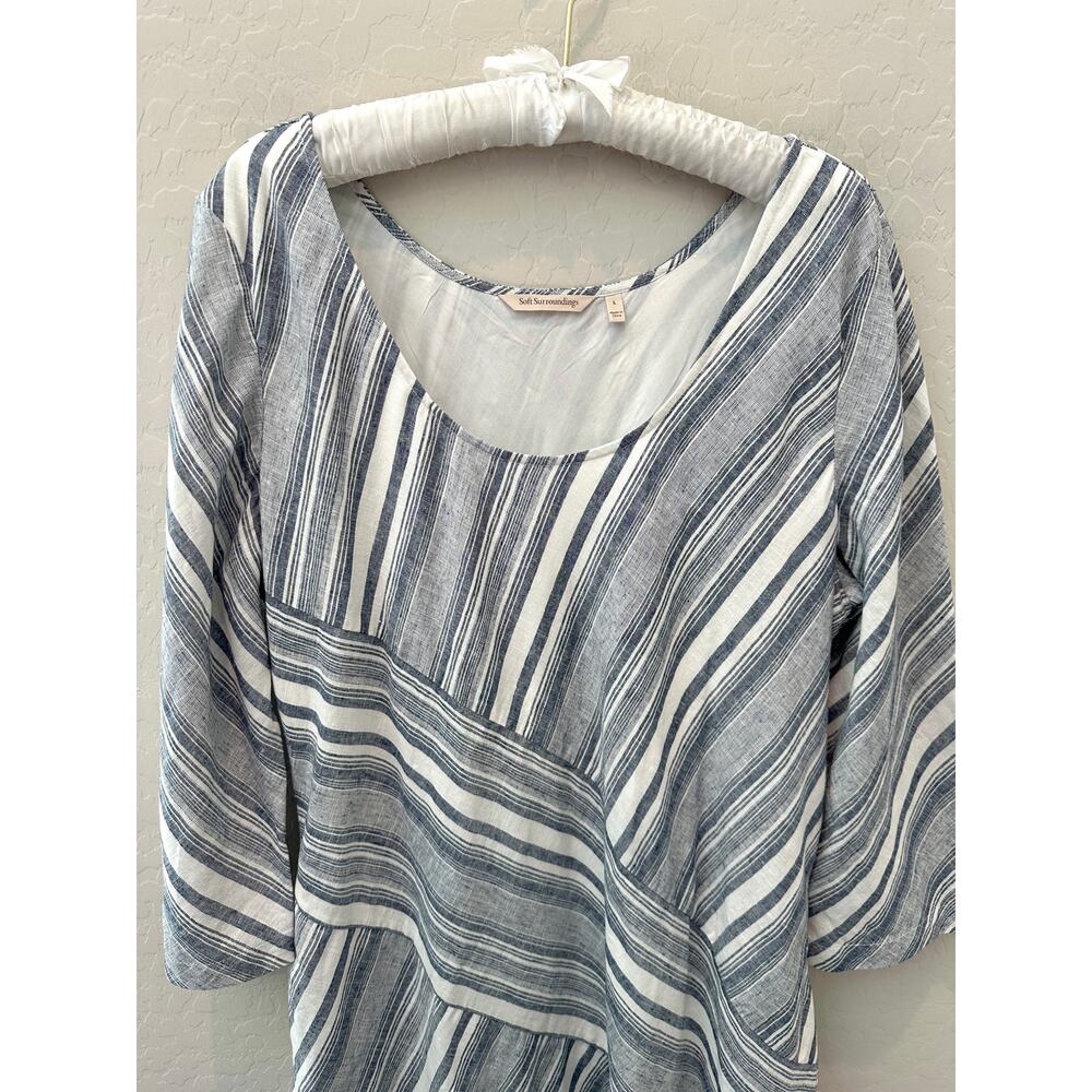 SOFT SURROUNDINGS | Linen Blend Striped Blue White Scoop Neck Dress | Large - Picture 3 of 8